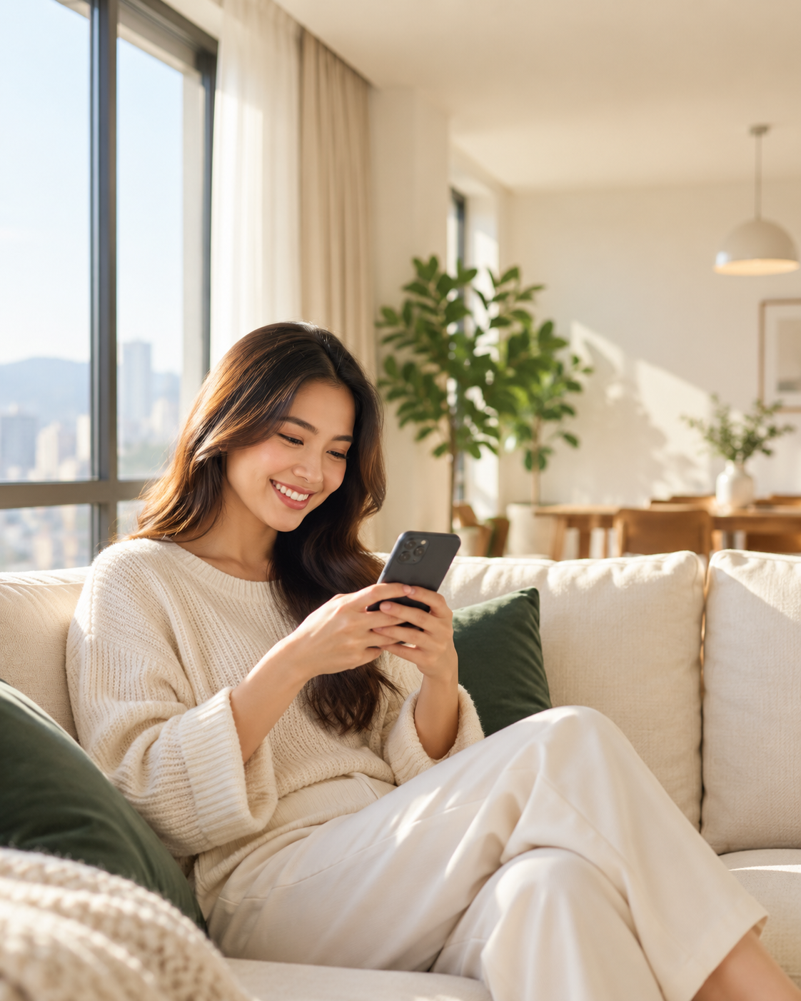 Penyewa mencari rumah dengan telefon di ruang tamu